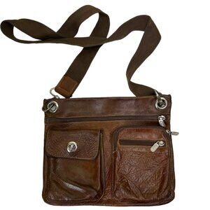 ROOTS Vintage Village Tribe Leather Brown Crossbody Shoulder Bag Pockets Logo